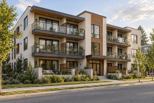 Multi-unit condo building with balconies and a shared entrance