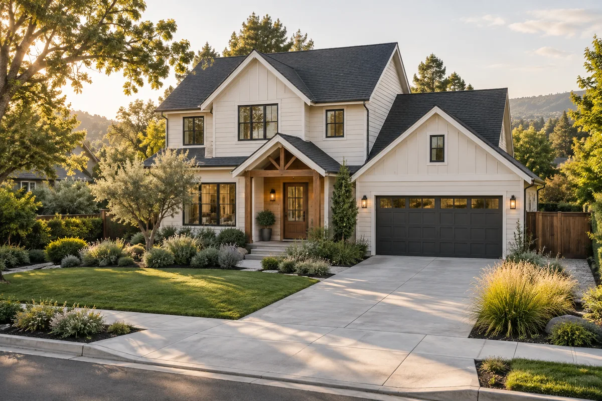 Welcoming detached house with a front porch, garage and driveway